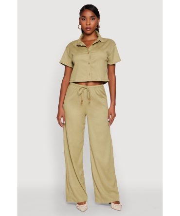 Haute Monde Textured Knit Drawstring Waist Wide Leg Pants