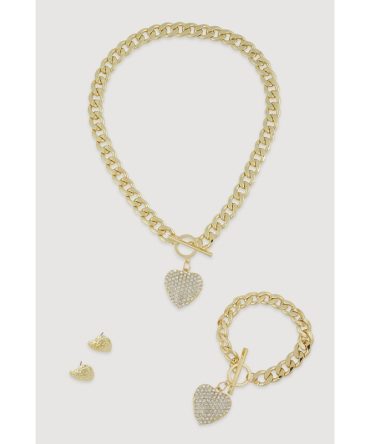 Heart Pendant Toggle Closure Necklace and Bracelet with Stud Earrings