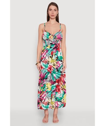 Leaf Print Sleeveless Empire Waist Dress