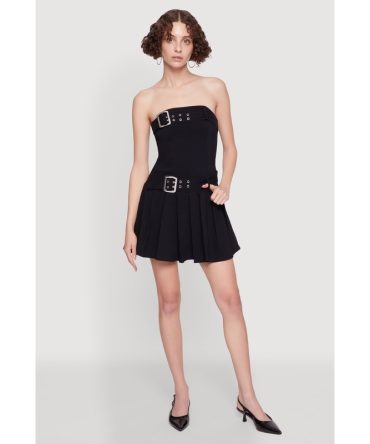 Strapless Double Belted Pleated Skater Dress