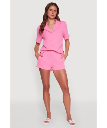 Trendy Gauze Knit High Waisted Pull On Shorts with Pockets