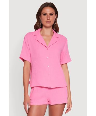 Trendy Gauze Knit Short Sleeve Classic Fit Camp Shirt