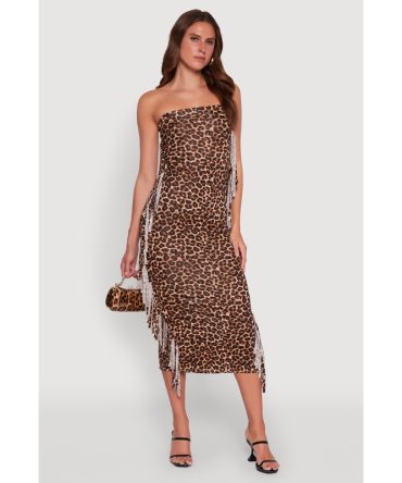 Trendy Leopard Print Fringe Side Tube Dress