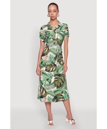 Tropical Leaf Tie Waist Belted Half Button Front Shirt Dress