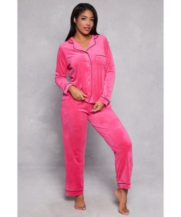 Velour Contrast Trim Long Sleeve Pajama Shirt and Pants