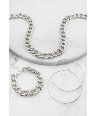 Curb Chain Necklace and Bracelet with Hoop Earrings