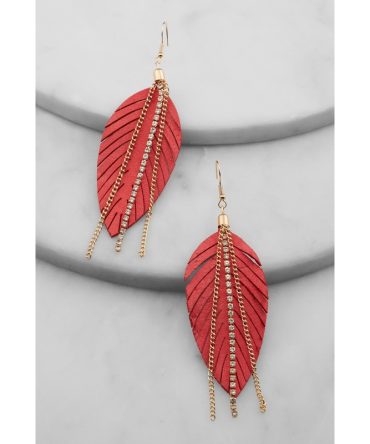 Fringe Rhinestone Chain Leaf Earrings
