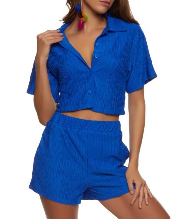 Textured Knit Cropped Button Front Shirt