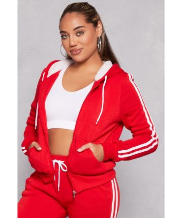 Varsity Stripe Zip Front Sherpa Lined Hoodie