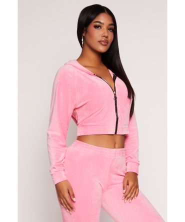 Velour Cropped Zip Front Hoodie