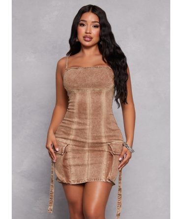 Denim Acid Wash Cargo Pocket Cami Dress
