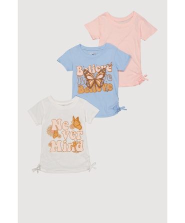 Girls Glitter Butterfly Graphic Ruched Tops 3 Pack