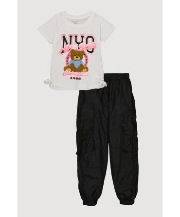 Girls Glitter NYC Teddy Bear Graphic Top and Cargo Joggers