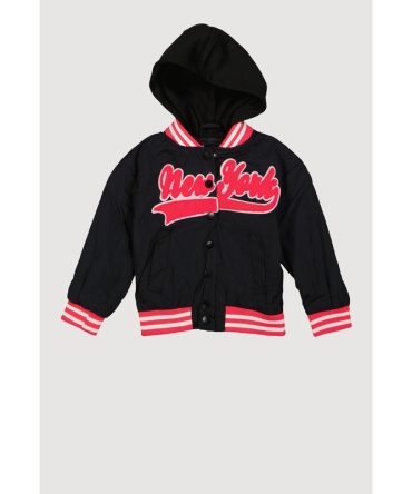 Girls New York Chenille Patch Hooded Varsity Jacket