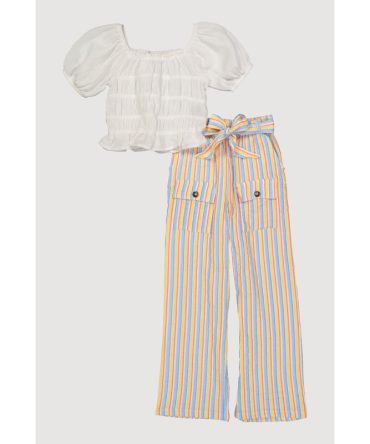 Girls Puff Sleeve Peasant Top and Striped Pants