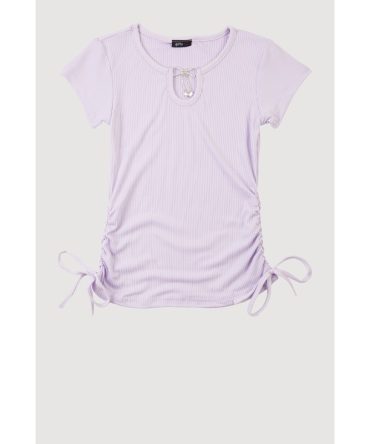 Girls Rhinestone Bow Notch Neck Top