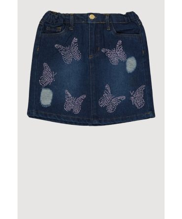 Girls Rhinestone Butterfly Distressed Denim Skirt