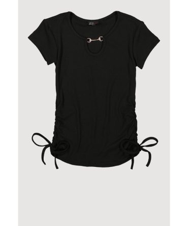 Girls Rhinestone Horsebit Keyhole Short Sleeve Top