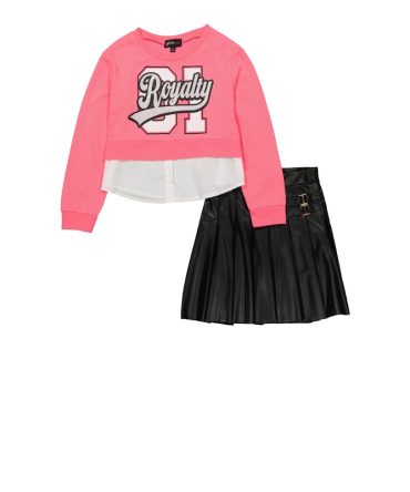Girls Royalty Layered Hem Sweatshirt and Pleated Skirt
