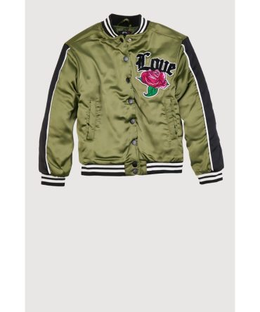Girls Satin Love Chenille Patch Bomber Jacket