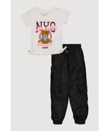 Little Girls Glitter NYC Teddy Bear Graphic Top and Cargo Joggers