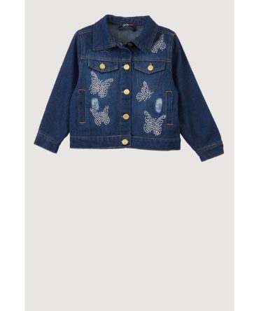 Little Girls Rhinestone Butterfly Distressed Denim Jacket