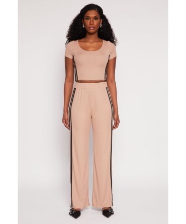 Rib Knit Varsity Stripe Wide Leg Pants