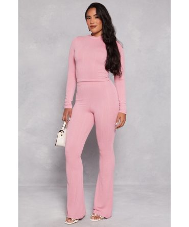 Ribbed Knit High Waisted Flare Pants