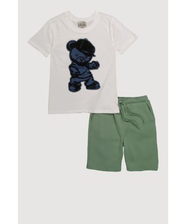 Boys Stylish Chenille Bear Patch Tee and Sweatshorts
