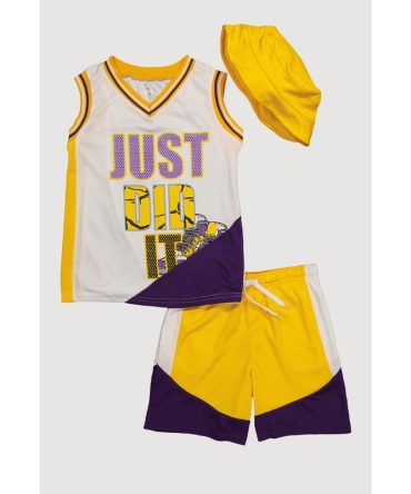 Boys Stylish Color Block Basketball Jersey and Shorts Set with Hat