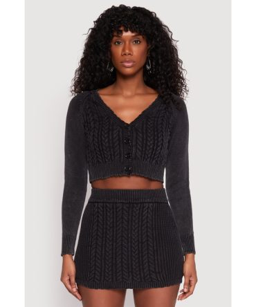 Cable Knit Button Front Cropped Cardigan