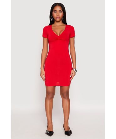 Crepe Knit V Neck Twist Front Mini Dress