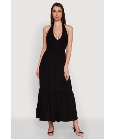 Elegant Gauze Knit Halter Neck Tiered Dress