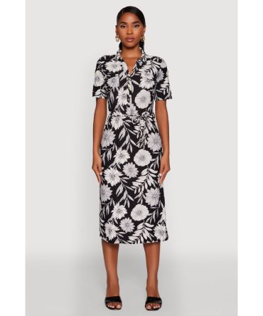 Floral Half Button Front Shirt Dress with Tie Waist Belt