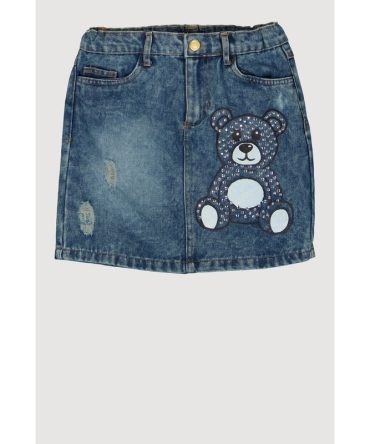 Girls Bear Rhinestone Denim Skirt