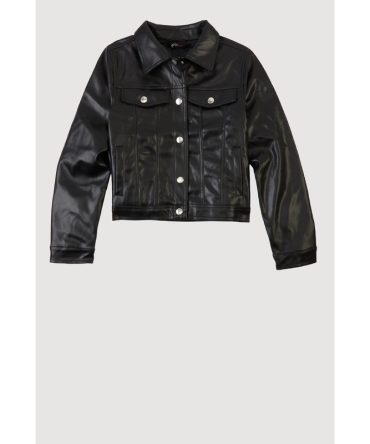 Girls Faux Leather Button Front Jacket