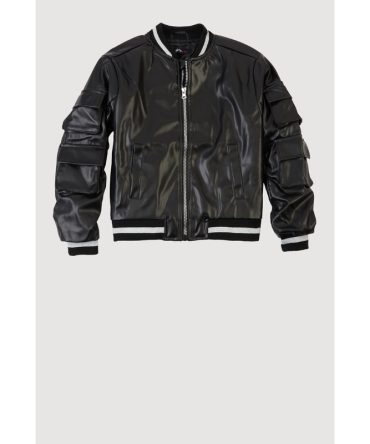 Girls Faux Leather Cargo Bomber Jacket