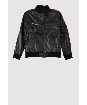 Girls Faux Leather Snap Button Bomber Jacket