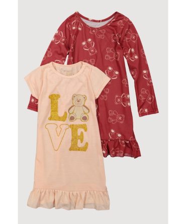 Girls Love Bear Print Nightgowns 2 Pack