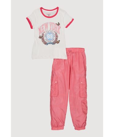 Girls New York Glitter Graphic Top and Nylon Joggers