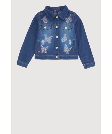 Girls Rhinestone Butterfly Denim Jacket