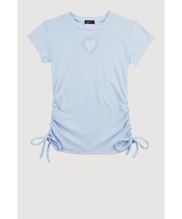 Girls Rhinestone Heart Side Ruched Tee