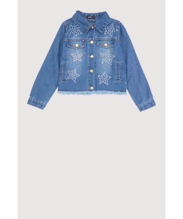 Girls Rhinestone Star Frayed Denim Jacket