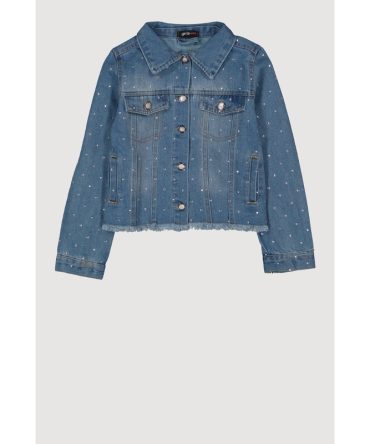 Girls Rhinestone Studded Frayed Hem Denim Jacket