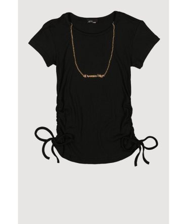 Girls Ribbed Knit Short Sleeve Top with Necklace