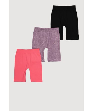 Girls Trendy Ribbed Knit Seamless Mineral Wash Bike Shorts 3 Pack