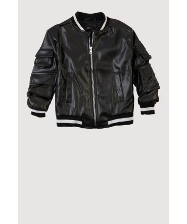 Little Girls Faux Leather Cargo Pocket Bomber Jacket