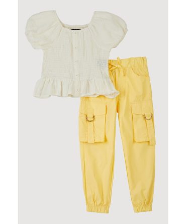 Little Girls Puff Sleeve Peasant Top and Cargo Joggers