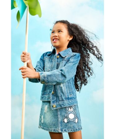 Little Girls Rhinestone Bear Distressed Denim Skirt