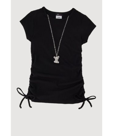 Little Girls Rib Knit Tee with Bear Chain Necklace